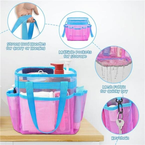 Mesh shower caddy tote bag quick dry dorm bathroom gym travel organizer pink - Picture 4 of 8